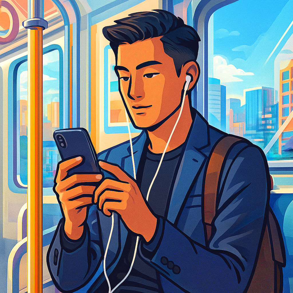 Stylish man studying on smartphone in train interior