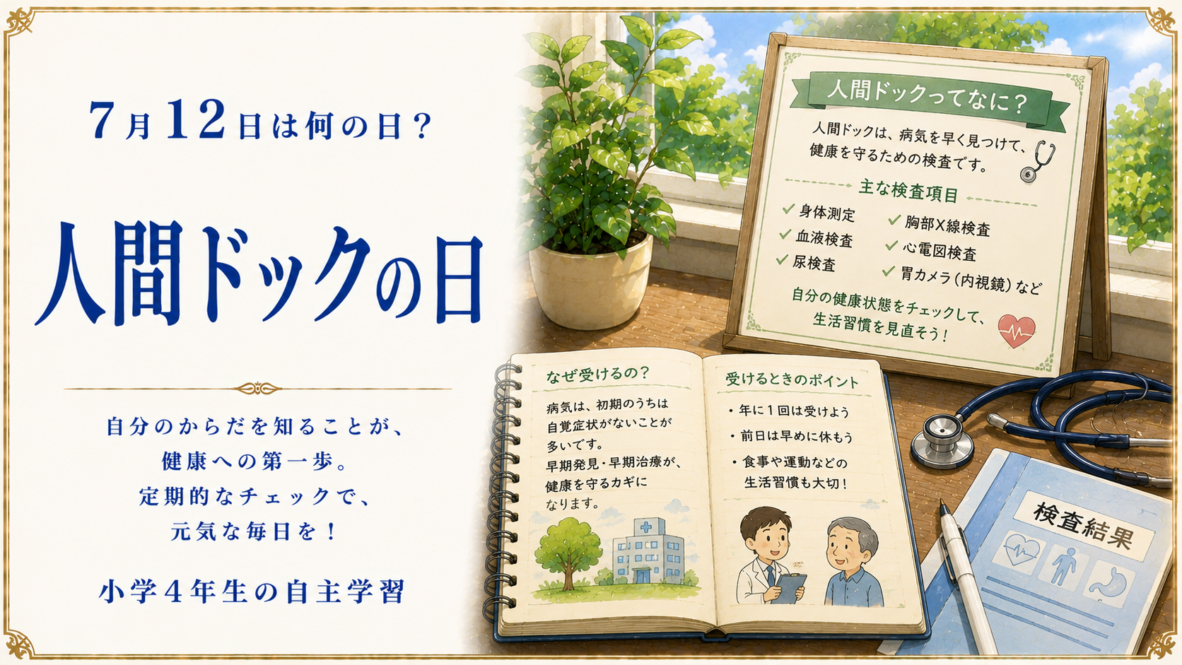 7月12日は何の日？小学生の自主学習に使える「人間ドックの日」のアイキャッチ画像