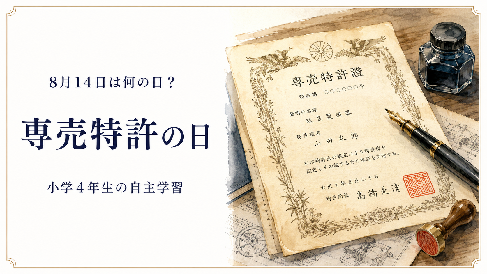 8月14日は何の日?小学生の自主学習に使える「専売特許の日」のアイキャッチ画像